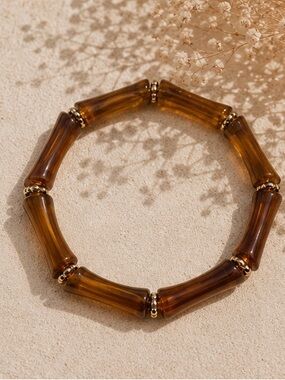 🤎 Honey Amber Bamboo Tube Stretch Bracelet Gold Accent Boho Bracelet